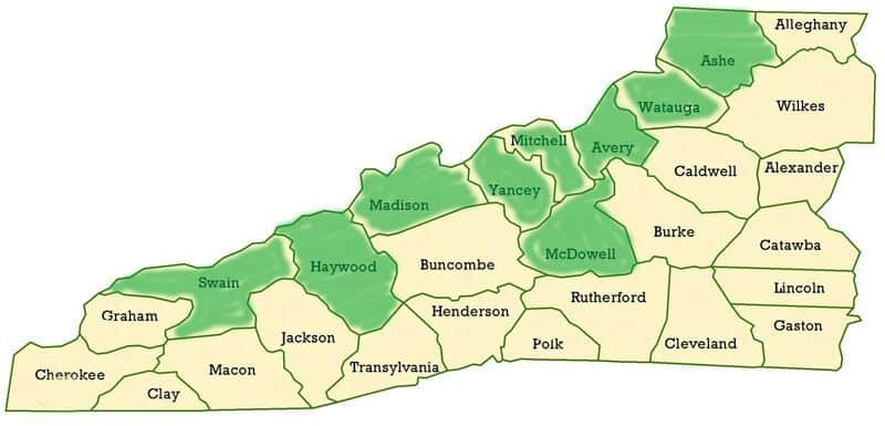 A map of the Western North Carolina Quilt Trails participating counties - Swain, Haywood, Madison, Yancey, McDowell, Mitchell, Avery, Watauga, Ashe