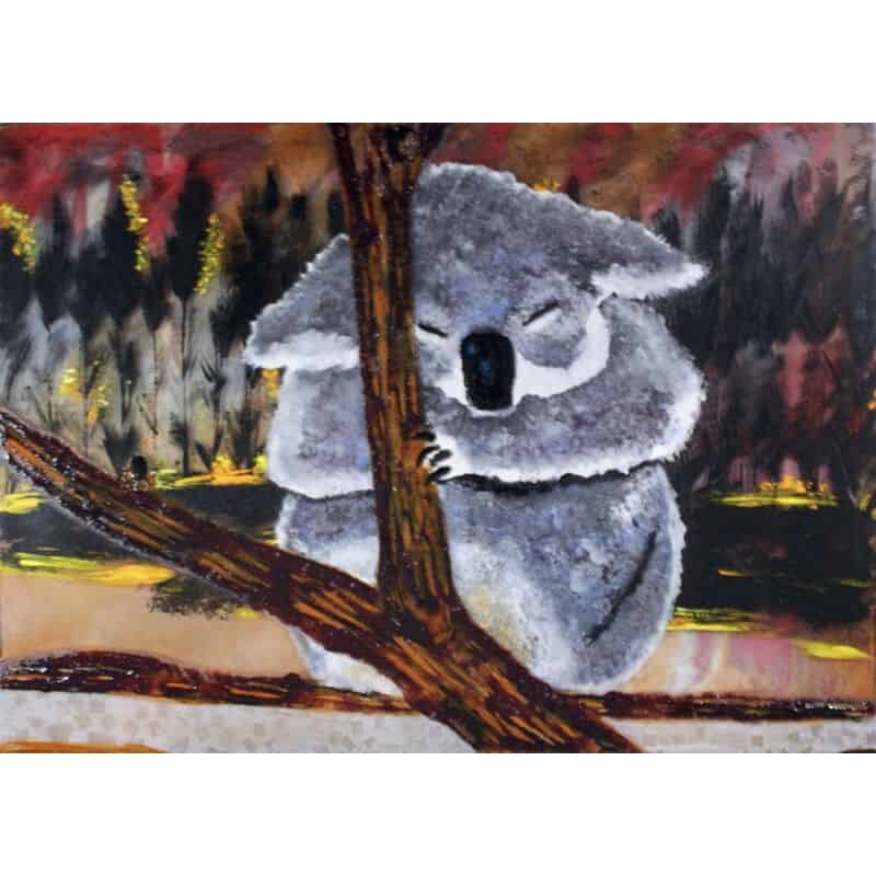 Photo of original art by Dori Settles, Sleep is Closing Your Eyes and Trusting You will Heal, Koala sleeping in a tree with fires behind it