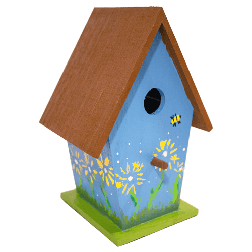 blue birdhouse with brown roof and garden painted on sides