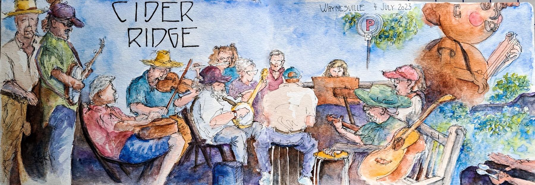 Watercolor image of Cider Ridge Band playing